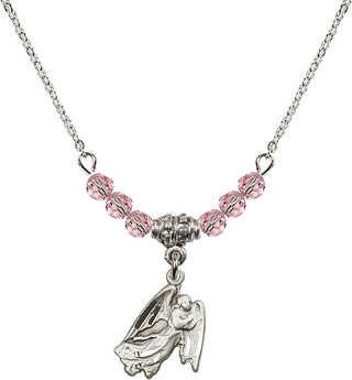 18" Rhodium Plated Necklace with 4mm Light Rose Crystal Beads featuring a Sterling Silver Guardian Angel Medal.