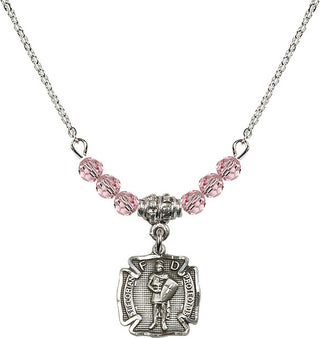18" Rhodium Plated Necklace with 4mm Light Rose Crystal Beads featuring a Sterling Silver Saint Florian Medal. Engraved Catholic Saint Jewelry