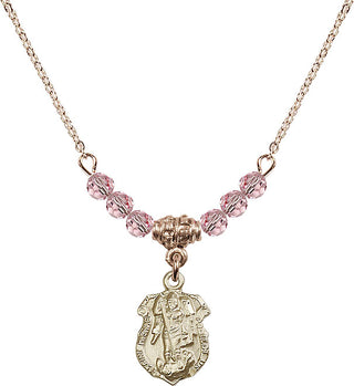 18" Hamilton Gold Plated Necklace with 4mm Light Rose Crystal Beads featuring a 14kt Gold Filled Saint Michael the Archangel Medal. Engraved Catholic Saint Jewelry
