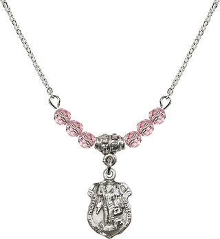 18" Rhodium Plated Necklace with 4mm Light Rose Crystal Beads featuring a Sterling Silver Saint Michael the Archangel Medal. Engraved Catholic Saint Jewelry
