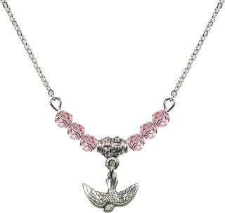18" Rhodium Plated Necklace with 4mm Light Rose Crystal Beads featuring a Sterling Silver Holy Spirit Medal.