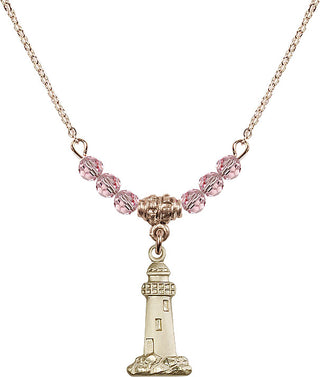 18" Hamilton Gold Plated Necklace with 4mm Light Rose Crystal Beads featuring a 14kt Gold Filled Lighthouse Medal.