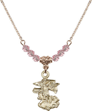 18" Hamilton Gold Plated Necklace with 4mm Light Rose Crystal Beads featuring a 14kt Gold Filled Saint Michael the Archangel Medal.