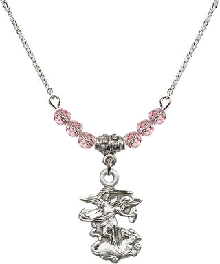 18" Rhodium Plated Necklace with 4mm Light Rose Crystal Beads featuring a Sterling Silver Saint Michael the Archangel Medal.