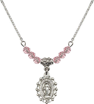 18" Rhodium Plated Necklace with 4mm Light Rose Crystal Beads featuring a Sterling Silver Miraculous Medal.