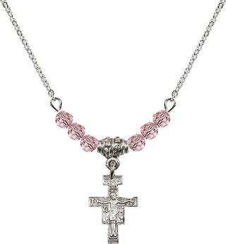 18" Rhodium Plated Necklace with 4mm Light Rose Crystal Beads featuring a Sterling Silver San Damiano Crucifix Medal.