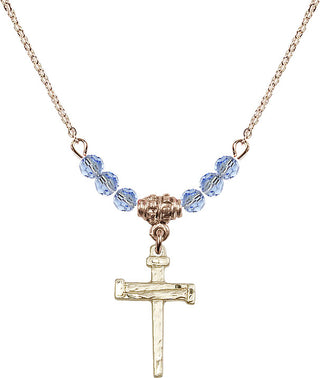 18" Hamilton Gold Plated Necklace with 4mm Light Sapphire Crystal Beads featuring a 14kt Gold Filled Nail Cross Medal.