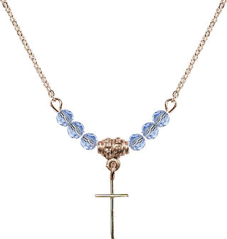 18" Hamilton Gold Plated Necklace with 4mm Light Sapphire Crystal Beads featuring a 14kt Gold Filled Cross Medal.