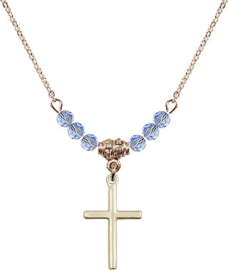 18" Hamilton Gold Plated Necklace with 4mm Light Sapphire Crystal Beads featuring a 14kt Gold Filled Cross Medal.