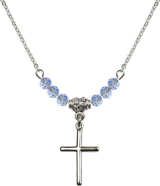 18" Rhodium Plated Necklace with 4mm Light Sapphire Crystal Beads featuring a Sterling Silver Cross Medal.