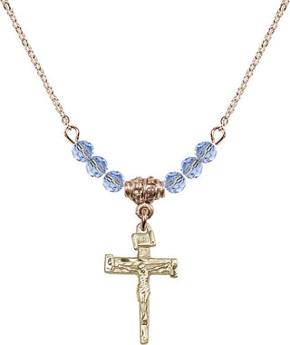 18" Hamilton Gold Plated Necklace with 4mm Light Sapphire Crystal Beads featuring a 14kt Gold Filled Nail Crucifix Medal.