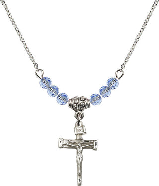 18" Rhodium Plated Necklace with 4mm Light Sapphire Crystal Beads featuring a Sterling Silver Nail Crucifix Medal.