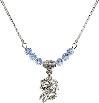 18" Rhodium Plated Necklace with 4mm Light Sapphire Crystal Beads featuring a Sterling Silver Rose Medal.
