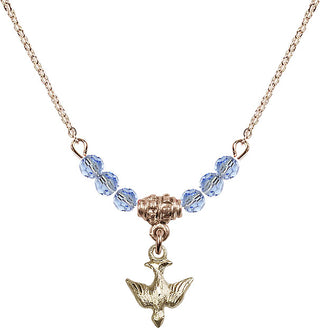 18" Hamilton Gold Plated Necklace with 4mm Light Sapphire Crystal Beads featuring a 14kt Gold Filled Holy Spirit Medal.