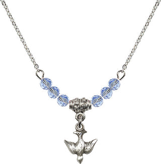 18" Rhodium Plated Necklace with 4mm Light Sapphire Crystal Beads featuring a Sterling Silver Holy Spirit Medal.