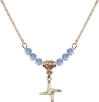 18" Hamilton Gold Plated Necklace with 4mm Light Sapphire Crystal Beads featuring a 14kt Gold Filled Saint Brigid Cross Medal.