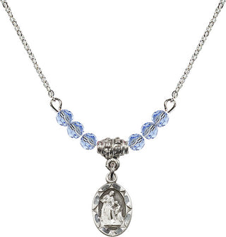 18" Rhodium Plated Necklace with 4mm Light Sapphire Crystal Beads featuring a Sterling Silver Saint Ann Medal.