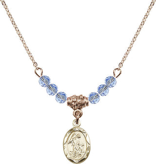 18" Hamilton Gold Plated Necklace with 4mm Light Sapphire Crystal Beads featuring a 14kt Gold Filled Guardian Angel Medal.