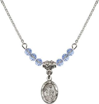 18" Rhodium Plated Necklace with 4mm Light Sapphire Crystal Beads featuring a Sterling Silver Guardian Angel Medal.