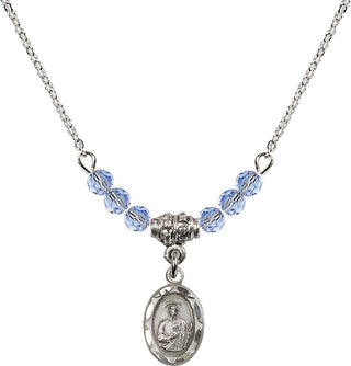 18" Rhodium Plated Necklace with 4mm Light Sapphire Crystal Beads featuring a Sterling Silver Saint Jude Medal.