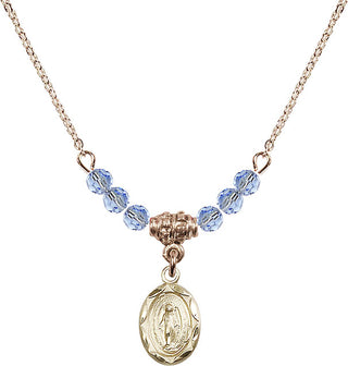 18" Hamilton Gold Plated Necklace with 4mm Light Sapphire Crystal Beads featuring a 14kt Gold Filled Miraculous Medal.