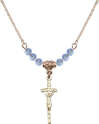 18" Hamilton Gold Plated Necklace with 4mm Light Sapphire Crystal Beads featuring a 14kt Gold Filled Papal Crucifix Medal.