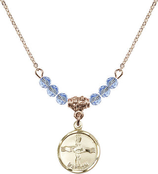 18" Hamilton Gold Plated Necklace with 4mm Light Sapphire Crystal Beads featuring a 14kt Gold Filled Baptism Medal. Engraved Catholic Saint Jewelry