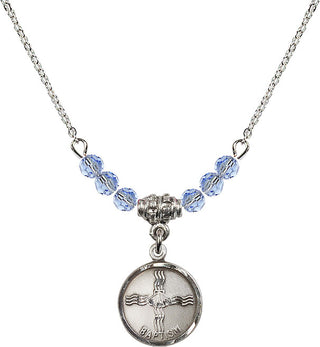 18" Rhodium Plated Necklace with 4mm Light Sapphire Crystal Beads featuring a Sterling Silver Baptism Medal. Engraved Catholic Saint Jewelry