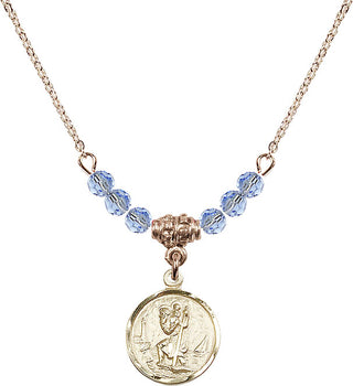 18" Hamilton Gold Plated Necklace with 4mm Light Sapphire Crystal Beads featuring a 14kt Gold Filled Saint Christopher Medal. Engraved Catholic Saint Jewelry