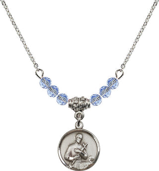 18" Rhodium Plated Necklace with 4mm Light Sapphire Crystal Beads featuring a Sterling Silver Saint Gerard Medal. Engraved Catholic Saint Jewelry