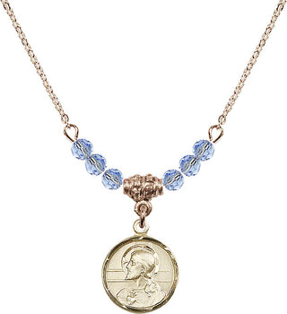 18" Hamilton Gold Plated Necklace with 4mm Light Sapphire Crystal Beads featuring a 14kt Gold Filled Scapular Medal.