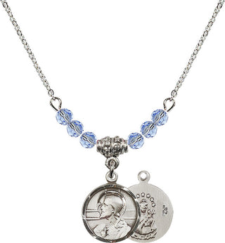 18" Rhodium Plated Necklace with 4mm Light Sapphire Crystal Beads featuring a Sterling Silver Scapular Medal.