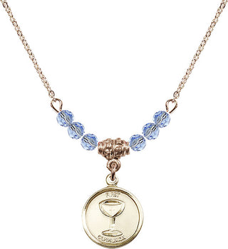 18" Hamilton Gold Plated Necklace with 4mm Light Sapphire Crystal Beads featuring a 14kt Gold Filled Communion Medal. Engraved Catholic Saint Jewelry