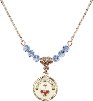 18" Hamilton Gold Plated Necklace with 4mm Light Sapphire Crystal Beads featuring a 14kt Gold Filled Confirmation Medal. Engraved Catholic Saint Jewelry