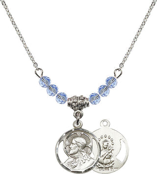 18" Rhodium Plated Necklace with 4mm Light Sapphire Crystal Beads featuring a Sterling Silver Scapular Medal.