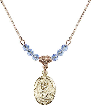 18" Hamilton Gold Plated Necklace with 4mm Light Sapphire Crystal Beads featuring a 14kt Gold Filled Saint Christopher Medal. Engraved Catholic Saint Jewelry