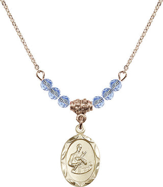 18" Hamilton Gold Plated Necklace with 4mm Light Sapphire Crystal Beads featuring a 14kt Gold Filled Saint Gerard Medal. Engraved Catholic Saint Jewelry