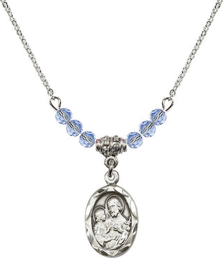 18" Rhodium Plated Necklace with 4mm Light Sapphire Crystal Beads featuring a Sterling Silver Saint Joseph Medal. Engraved Catholic Saint Jewelry
