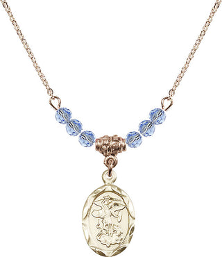 18" Hamilton Gold Plated Necklace with 4mm Light Sapphire Crystal Beads featuring a 14kt Gold Filled Saint Michael the Archangel Medal.