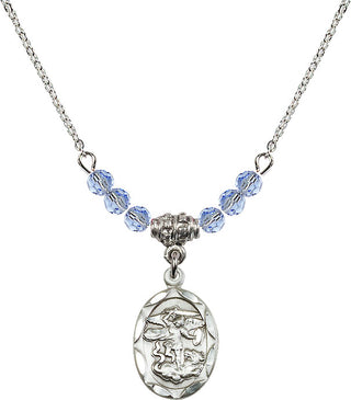 18" Rhodium Plated Necklace with 4mm Light Sapphire Crystal Beads featuring a Sterling Silver Saint Michael the Archangel Medal.