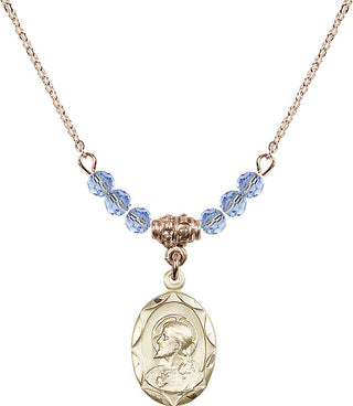 18" Hamilton Gold Plated Necklace with 4mm Light Sapphire Crystal Beads featuring a 14kt Gold Filled Scapular Medal.