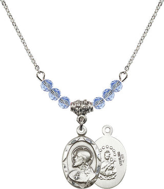 18" Rhodium Plated Necklace with 4mm Light Sapphire Crystal Beads featuring a Sterling Silver Scapular Medal.