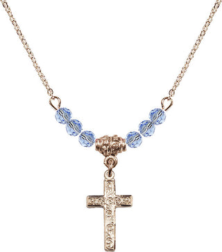 18" Hamilton Gold Plated Necklace with 4mm Light Sapphire Crystal Beads featuring a 14kt Gold Filled Cross Medal.