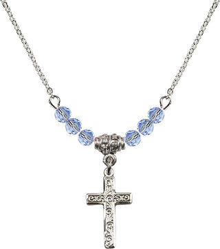 18" Rhodium Plated Necklace with 4mm Light Sapphire Crystal Beads featuring a Sterling Silver Cross Medal.