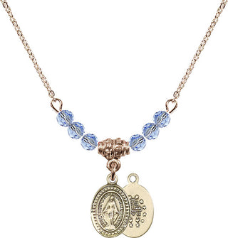 18" Hamilton Gold Plated Necklace with 4mm Light Sapphire Crystal Beads featuring a 14kt Gold Filled Miraculous Medal.