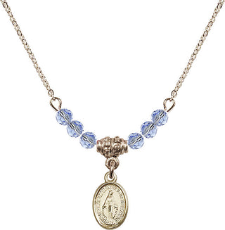18" Hamilton Gold Plated Necklace with 4mm Light Sapphire Crystal Beads featuring a 14kt Gold Filled Miraculous Medal.