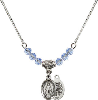 18" Rhodium Plated Necklace with 4mm Light Sapphire Crystal Beads featuring a Sterling Silver Miraculous Medal.