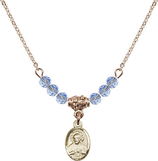 18" Hamilton Gold Plated Necklace with 4mm Light Sapphire Crystal Beads featuring a 14kt Gold Filled Scapular Medal.