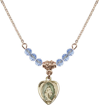 18" Hamilton Gold Plated Necklace with 4mm Light Sapphire Crystal Beads featuring a 14kt Gold Filled Miraculous Medal.