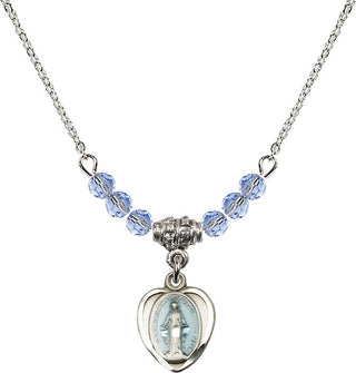 18" Rhodium Plated Necklace with 4mm Light Sapphire Crystal Beads featuring a Sterling Silver Miraculous Medal.